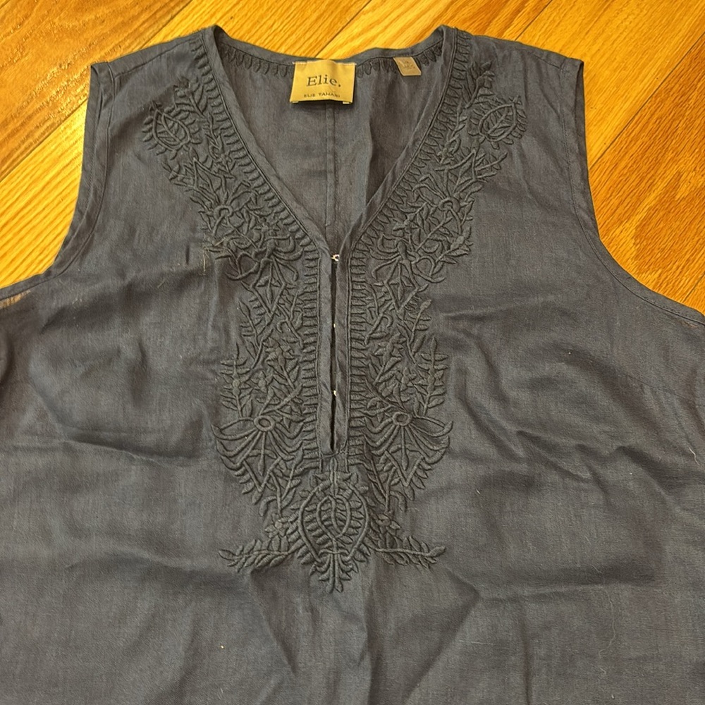 Elie Tahari Navy Blue Embroidered Sleeveless Tunic